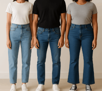 Three individuals wearing different styles of jeans—straight-leg, slim-fit, and flared—standing side by side to showcase fit variety.